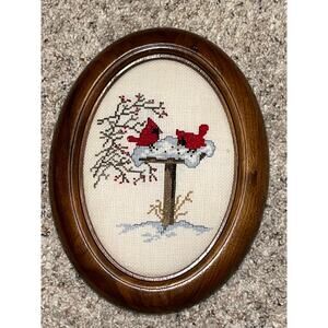 Needlepoint Cross Stitch Cardinal Framed Snow Holly Berries Wall Art